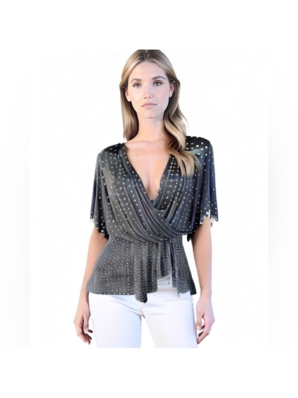 Lane Bryant Gold Polka Dot Ruffle Peplum Hem Wrap Plus Size Blouse Top